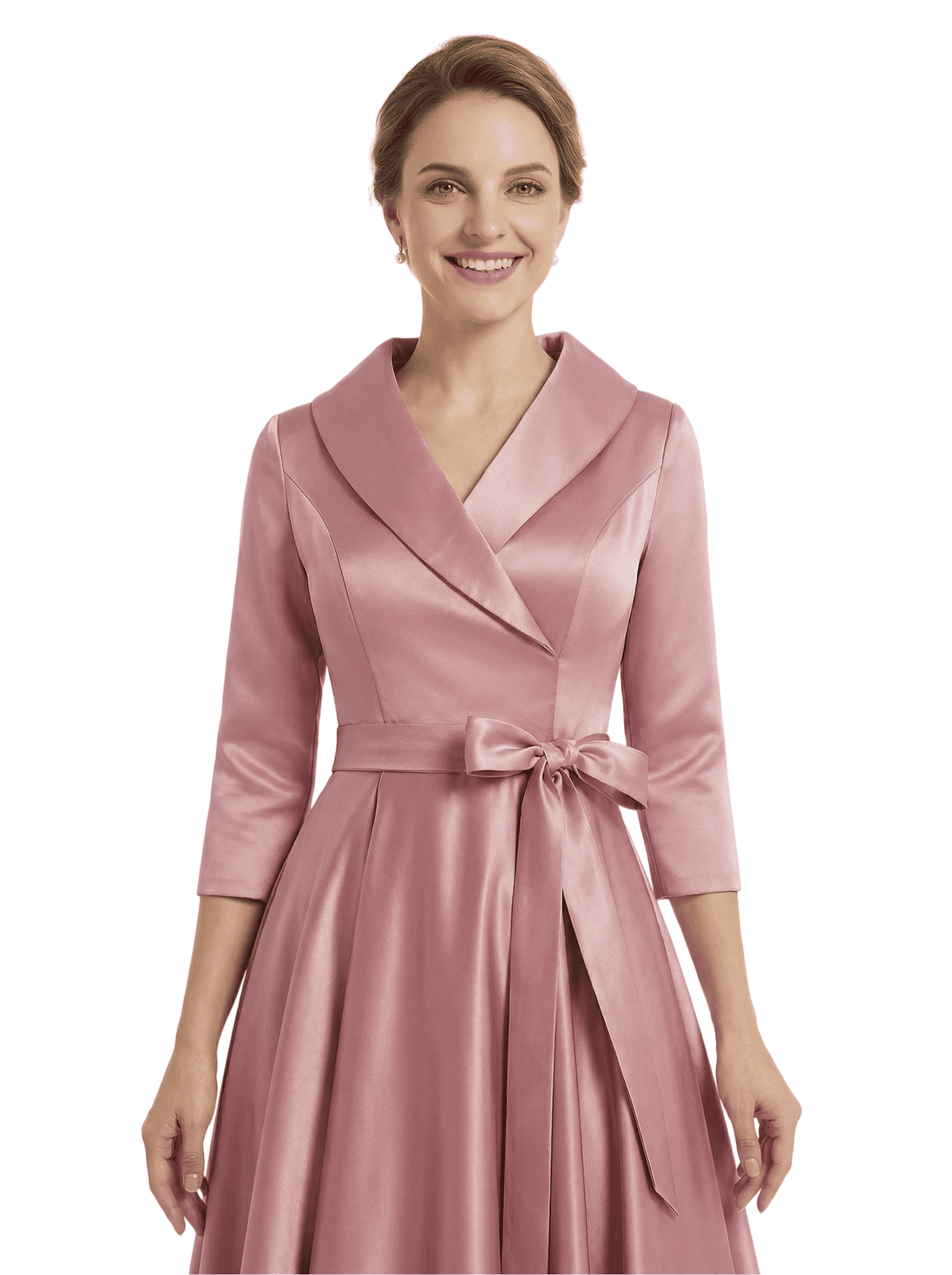 Chicsew Modern High-Low 3/4 Sleeves Satin Mother Of The Bride Dress With Bow Knot