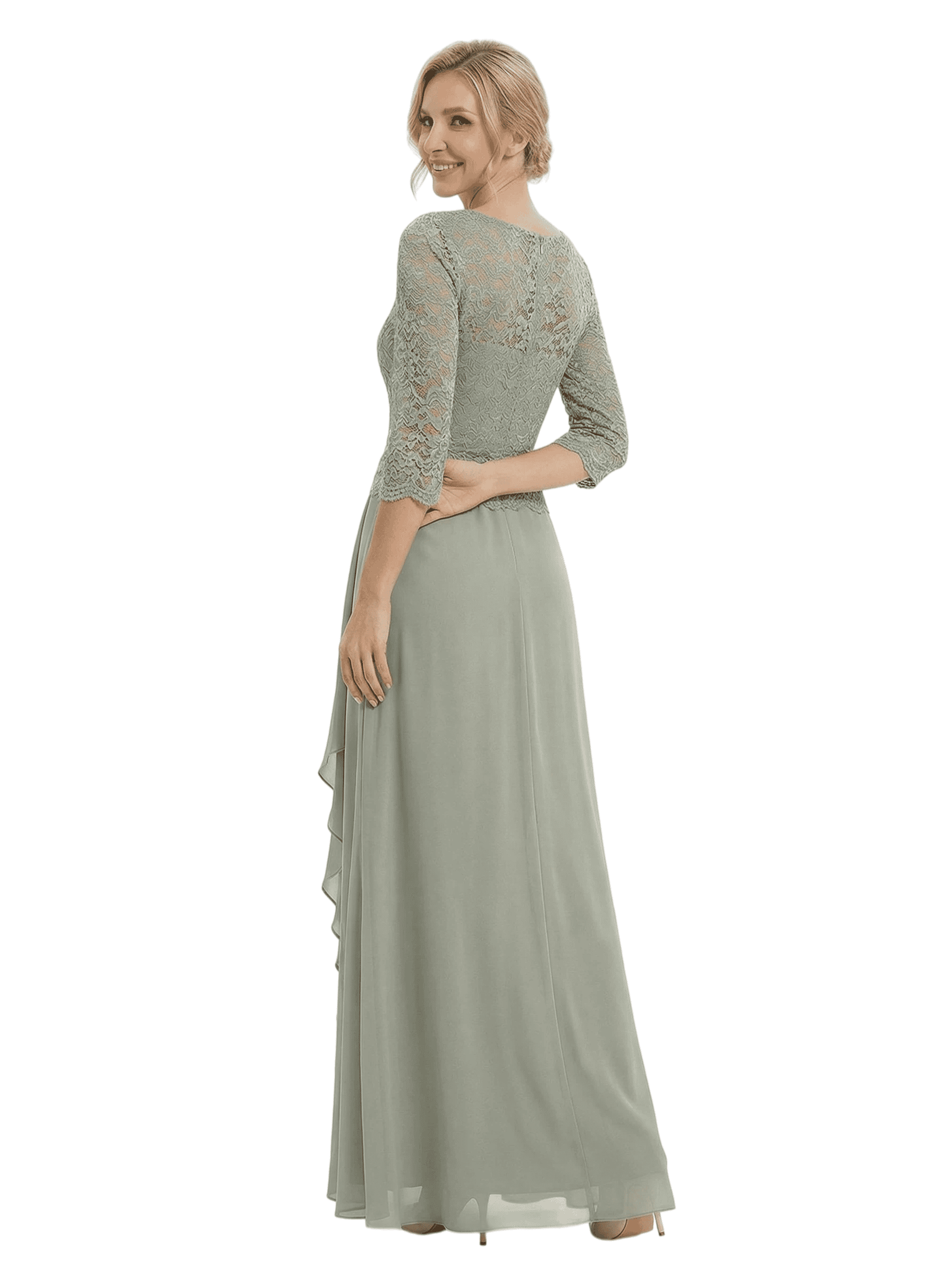 Chicsew Elegant Lace Appliques 3/4 Sleeves Ruffles A-Line Chiffon Mother Of The Groom Dress