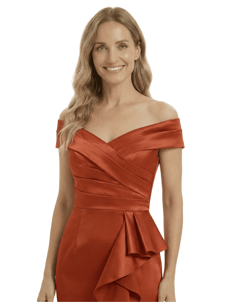 Chicsew Elegant Off Shoulder Sleeveless Satin Mother of The Groom Dress With Ruffles Side Slit