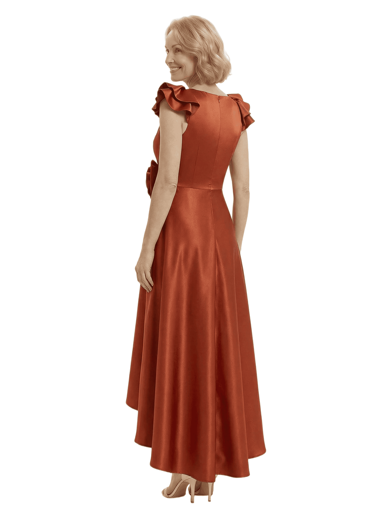 Chicsew Stunning V-Neck High-Low Ruffled Sleeves Satin Mother Of The Bride Dress