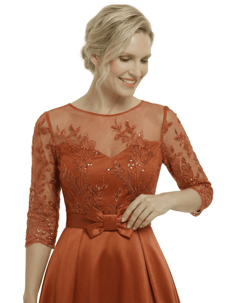 Chicsew Stunning Illusion Half Sleeves A-Line Satin Mother Of The Bride Gown With Bow Belt