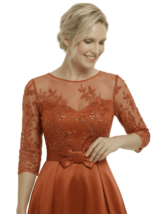 Chicsew Stunning Illusion Half Sleeves A-Line Satin Mother Of The Bride Gown With Bow Belt