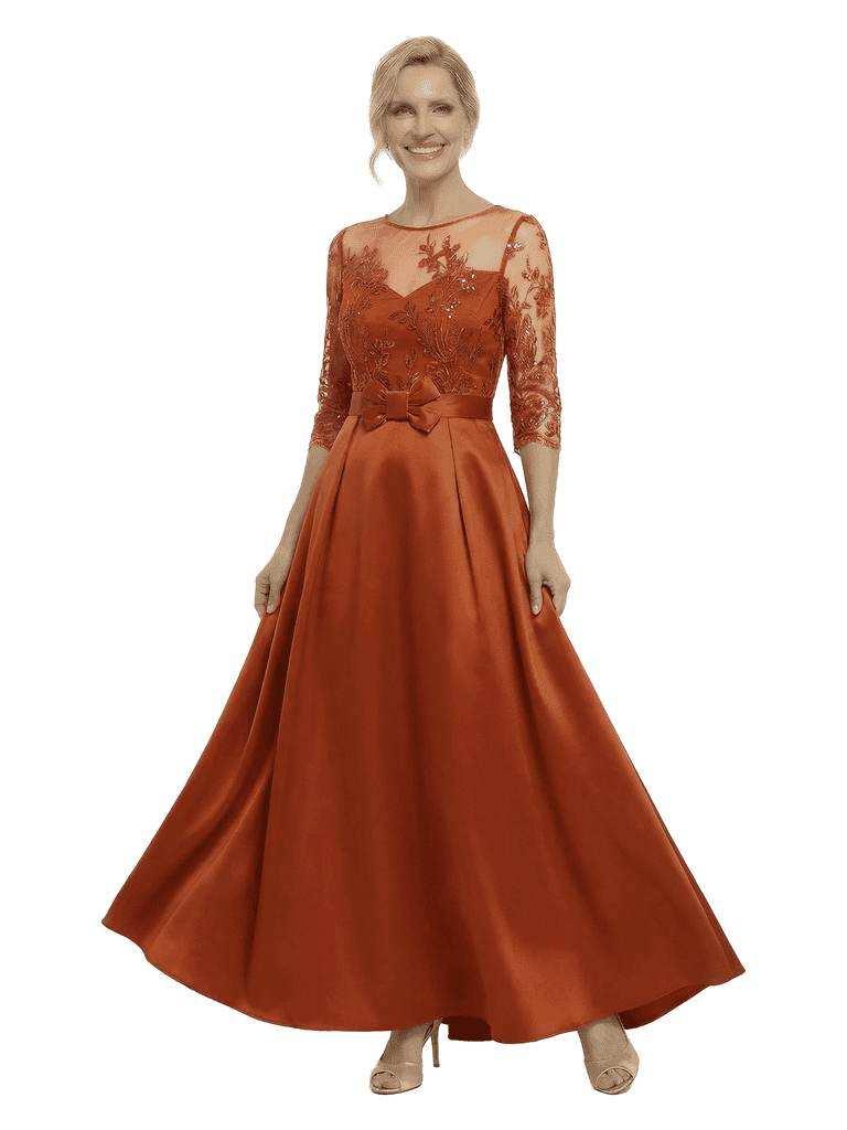 Chicsew Stunning Illusion Half Sleeves A-Line Satin Mother Of The Bride Gown With Bow Belt