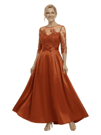 Chicsew Stunning Illusion Half Sleeves A-Line Satin Mother Of The Bride Gown With Bow Belt