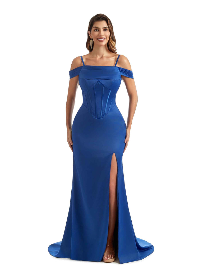 Sexy Side Split Cold Shoulder Long Mermaid Satin Gown For Bridesmaid Online