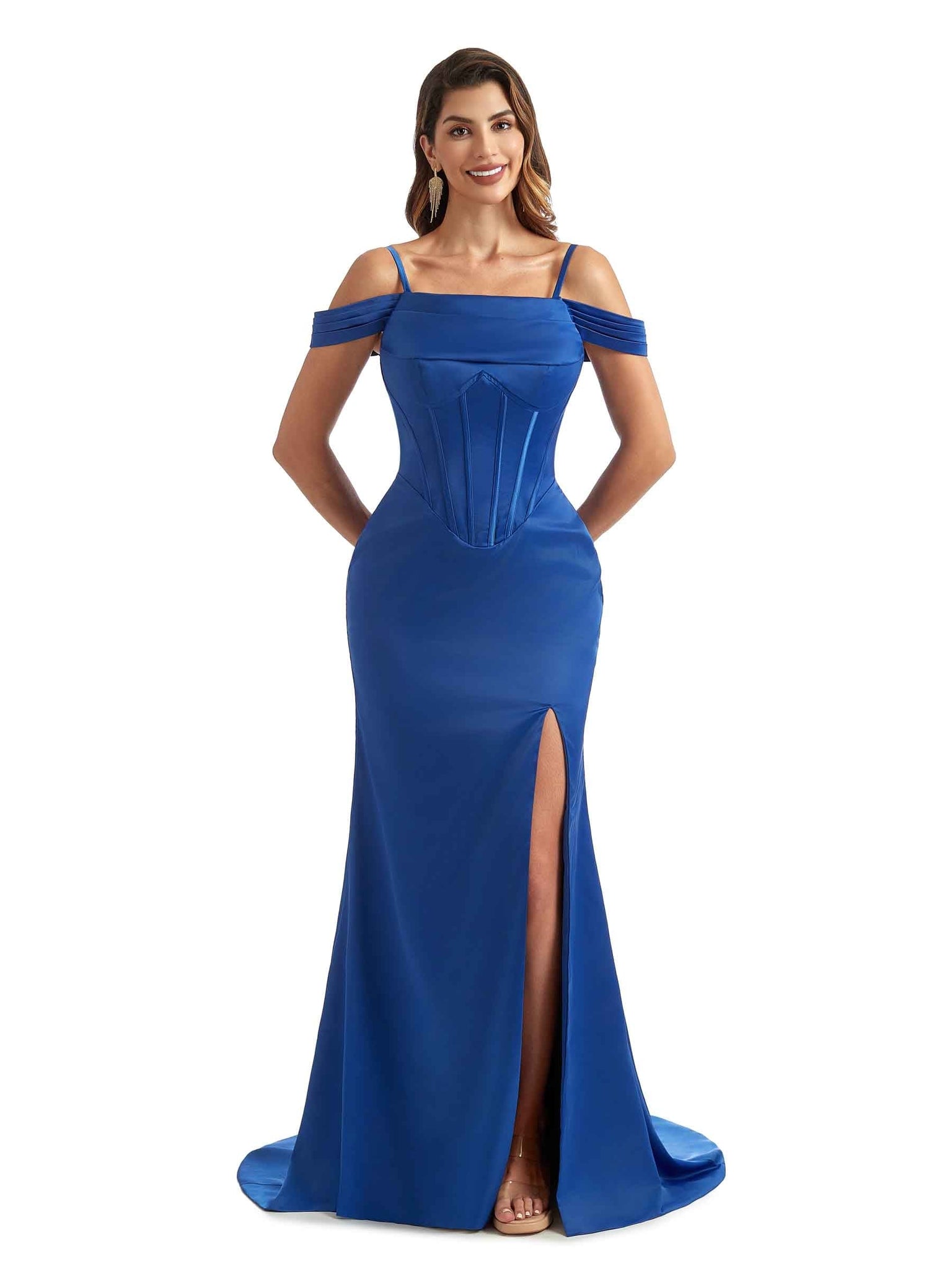 Silky Satin Cold Shoulder Long Mermaid Gown For Bridesmaid Online Uk With Slit