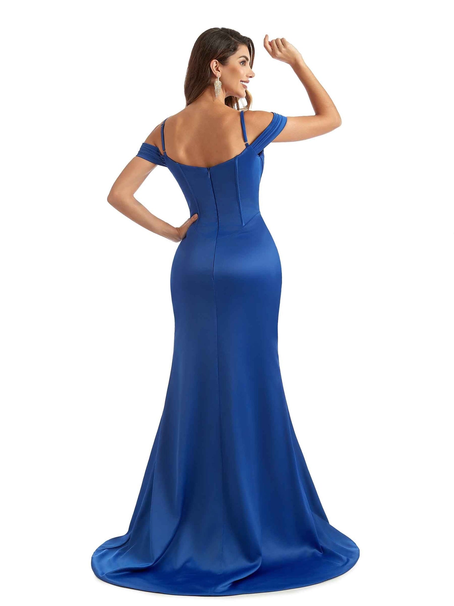 Silky Satin Cold Shoulder Long Mermaid Gown For Bridesmaid Online Uk With Slit