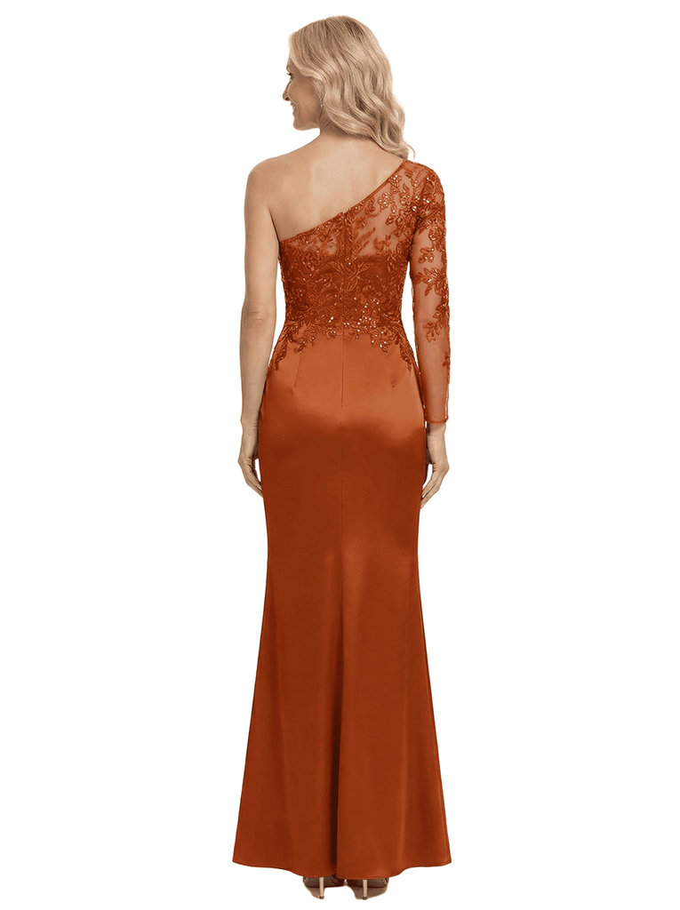 Chicsew One Shoulder Satin Mermaid Mother Of The Groom Dress With Lace Long Sleeve