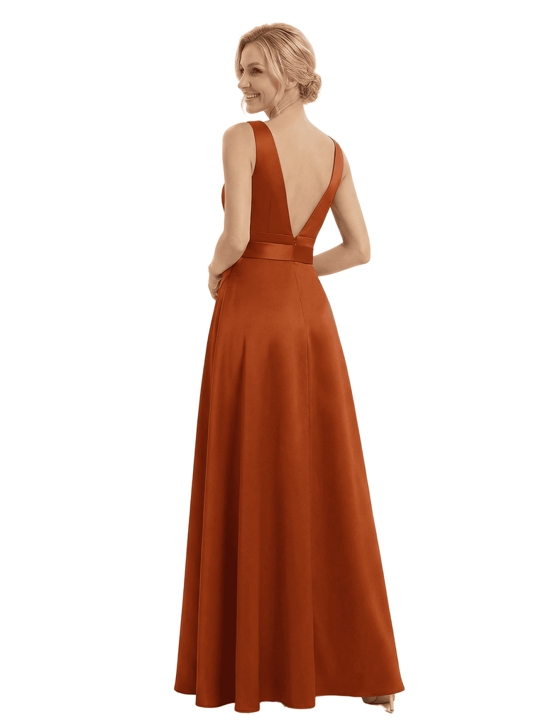 Chicsew Unique Sleeveless V-Neck Satin A-Line Side Slit Mother Of The Bride Gown With Bow Waist