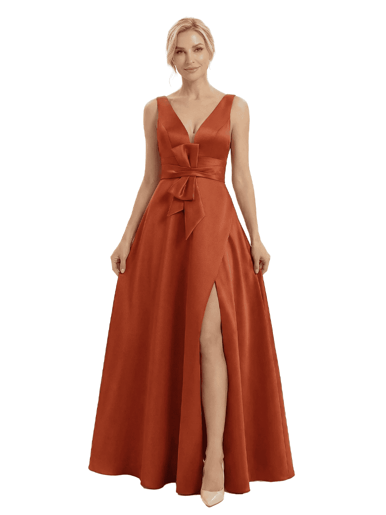 Chicsew Unique Sleeveless V-Neck Satin A-Line Side Slit Mother Of The Bride Gown With Bow Waist