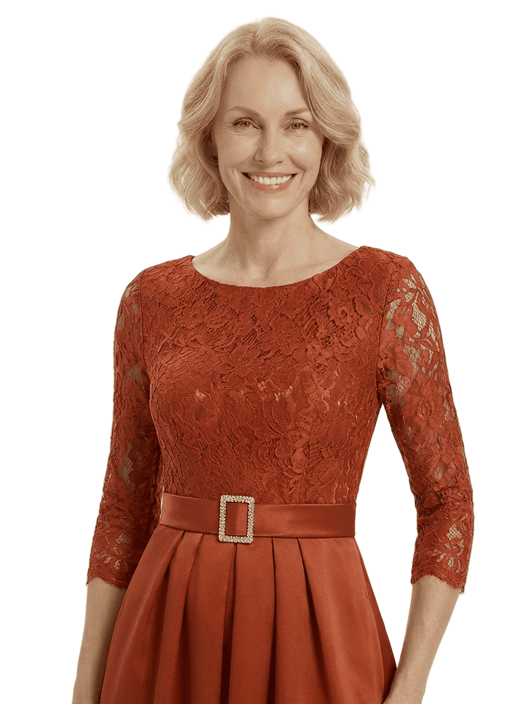 Chicsew Elegant Scoop A-Line Lace Satin Mother Of The Bride Dress With Long Sleeves