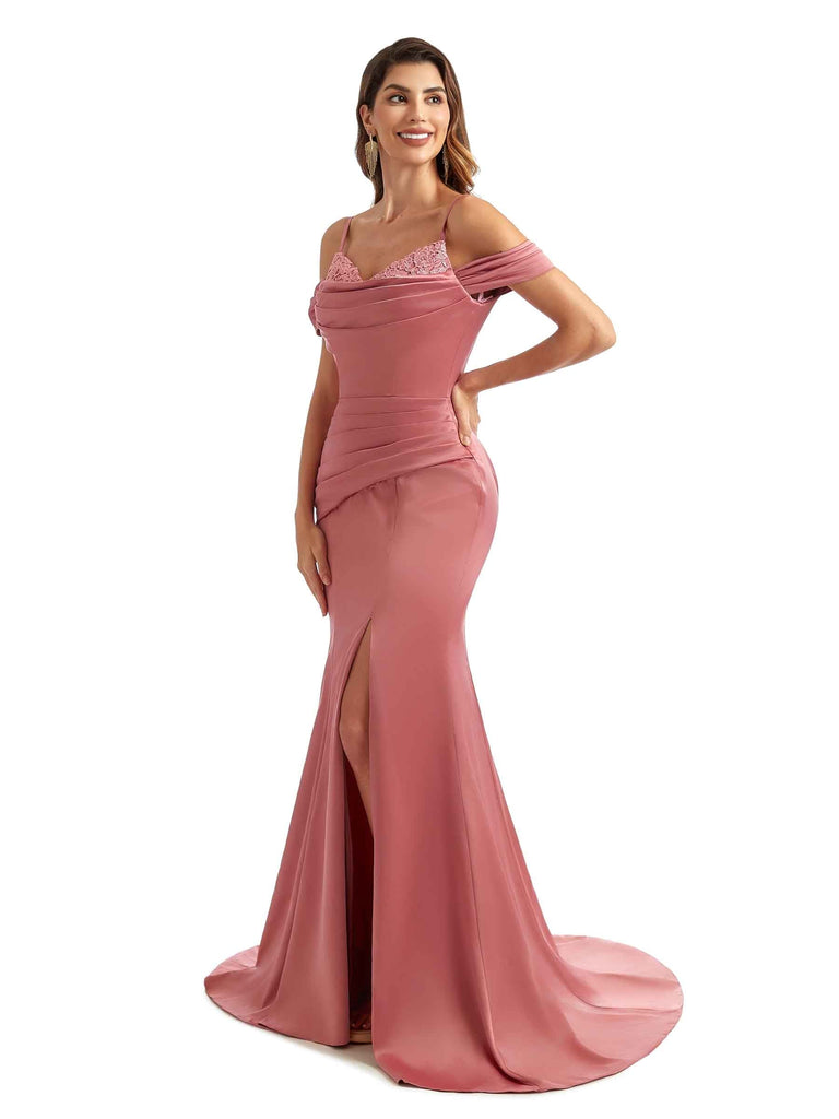 Women Side Split Cold Shoulder Mermaid Satin Wedding Gowns For Bridesmaids Online