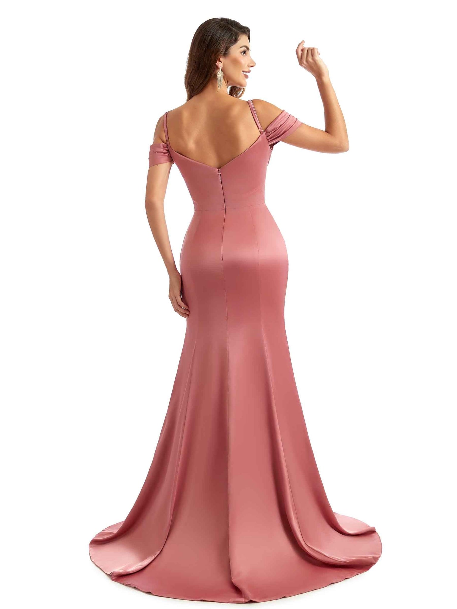 Silky Satin Cold Shoulder Mermaid Wedding Bridesmaids Dresses UK With Slit