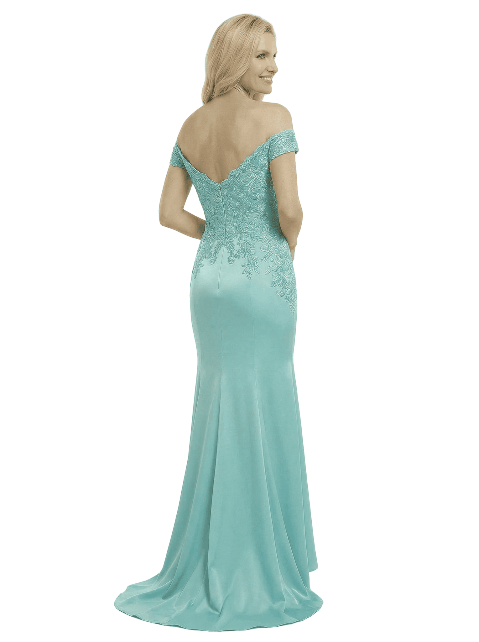 Chicsew Fancy Silky Satin Off Shoulder Lace Applique Mermaid Mother Of The Groom Gown With Train