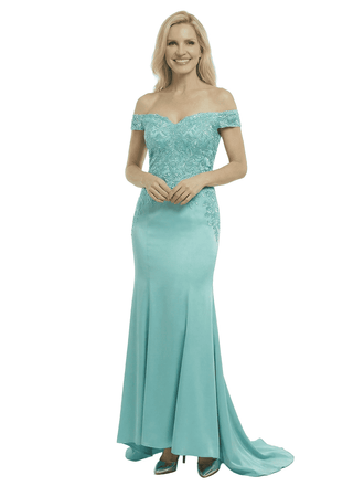 Chicsew Fancy Silky Satin Off Shoulder Lace Applique Mermaid Mother Of The Groom Gown With Train