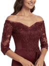 Chicsew Mother of The Groom Dress Off Shoulder 3/4 Sleeve Lace Satin Trumpet Maxi Gown Fancy Ruffled