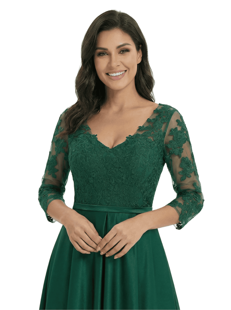 Chicsew Elegant Mother of The Bride Dress V-Neck 3/4 Sleeve Lace Satin High-Low A-Line Gown