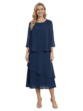Chicsew Classy Chiffon 3/4 Sleeves Tiered Ruffles A-Line Mother Of The Bride Dress