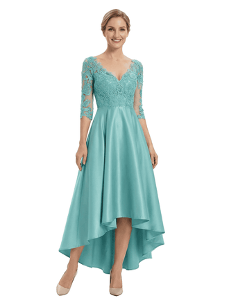 Chicsew Elegant V-Neck Lace 3/4 Sleeves Satin High-Low A-Line Mother Of The Bride Dress