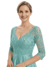 Chicsew Elegant V-Neck Lace 3/4 Sleeves Satin High-Low A-Line Mother Of The Bride Dress