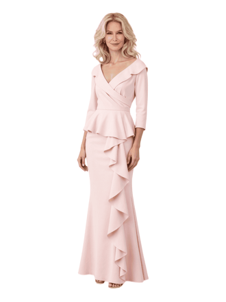 Chicsew Elegant V-Neck 3/4 Sleeves Ruched Mermaid Mother of The Groom Dress With Ruffles