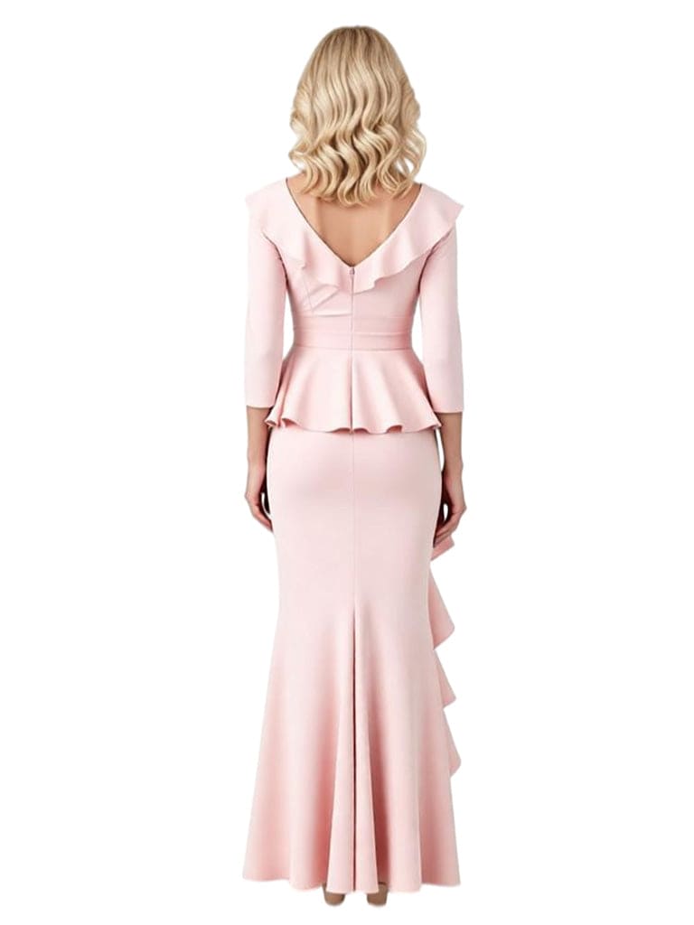 Chicsew Elegant V-Neck 3/4 Sleeves Ruched Mermaid Mother of The Groom Dress With Ruffles