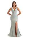 Sexy Side Split V-Neck Long Satin Unique Formal Wedding Bridesmaid Dresses Online