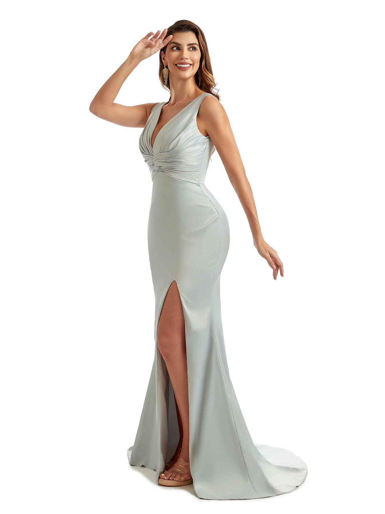 Sexy Side Split V-Neck Long Satin Unique Formal Wedding Bridesmaid Dresses Online