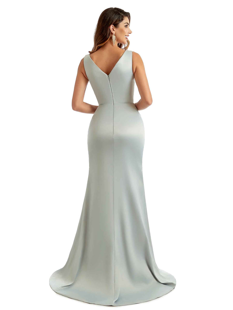 Sexy Side Split V-Neck Long Satin Unique Formal Wedding Bridesmaid Dresses Online