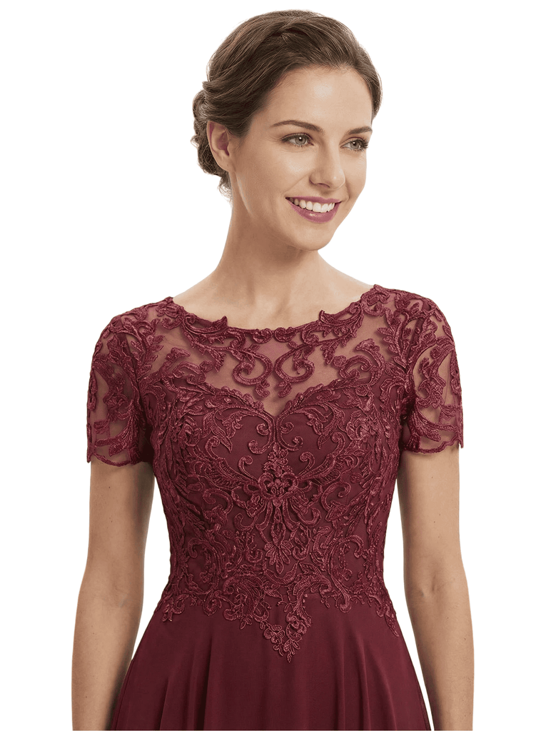 Chicsew Vintage Tea Length Short Sleeves Mother Of The Bride Dress With Lace Illusion Neck