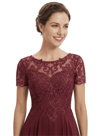 Chicsew Vintage Tea Length Short Sleeves Mother Of The Bride Dress With Lace Illusion Neck