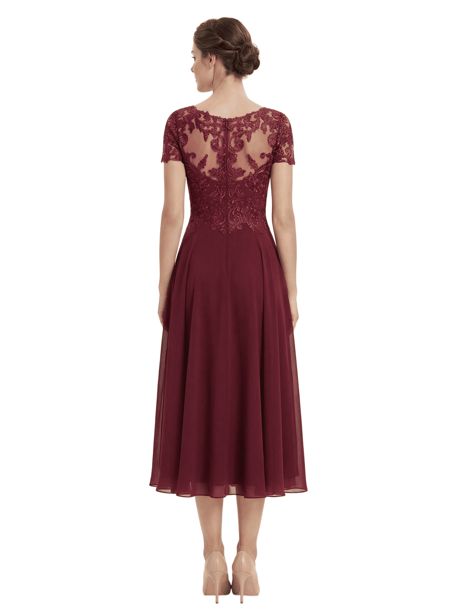 Chicsew Vintage Tea Length Short Sleeves Mother Of The Bride Dress With Lace Illusion Neck