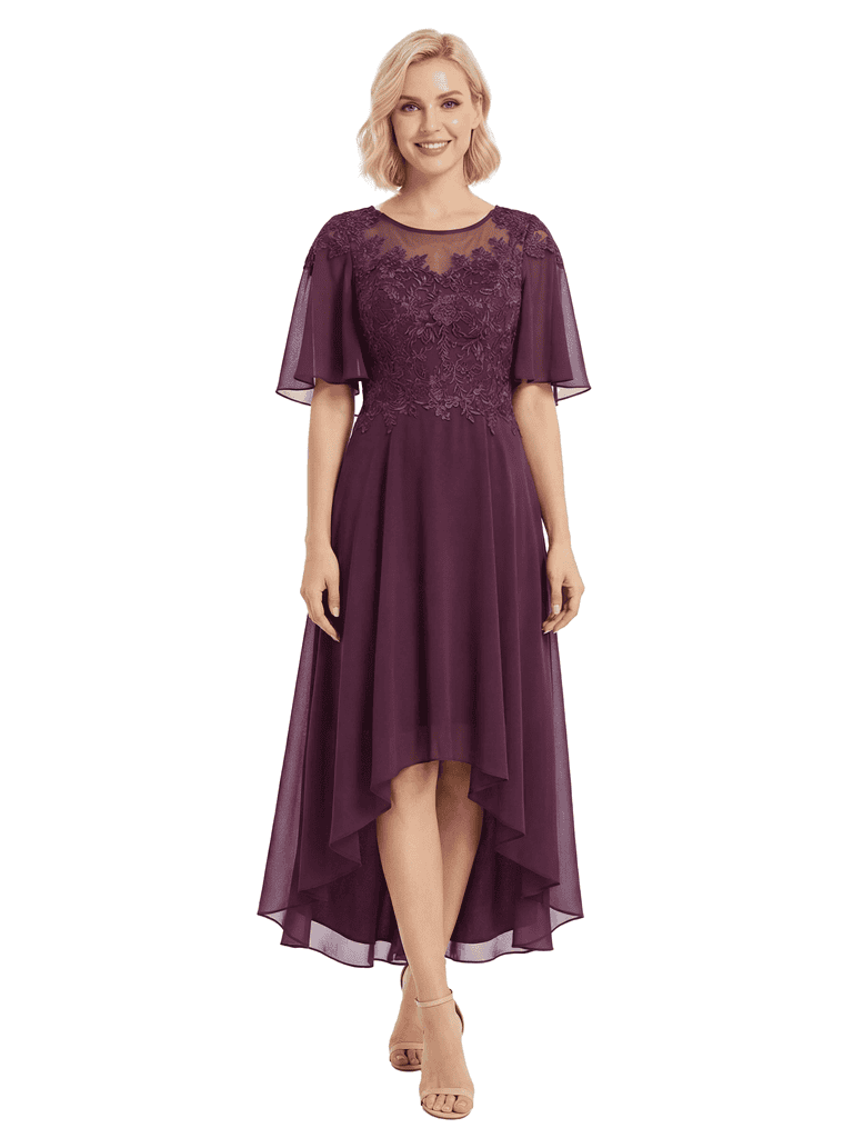 Chicsew Modern High-Low Lace Applique Flutter Sleeves Mother Of The Bride Dress