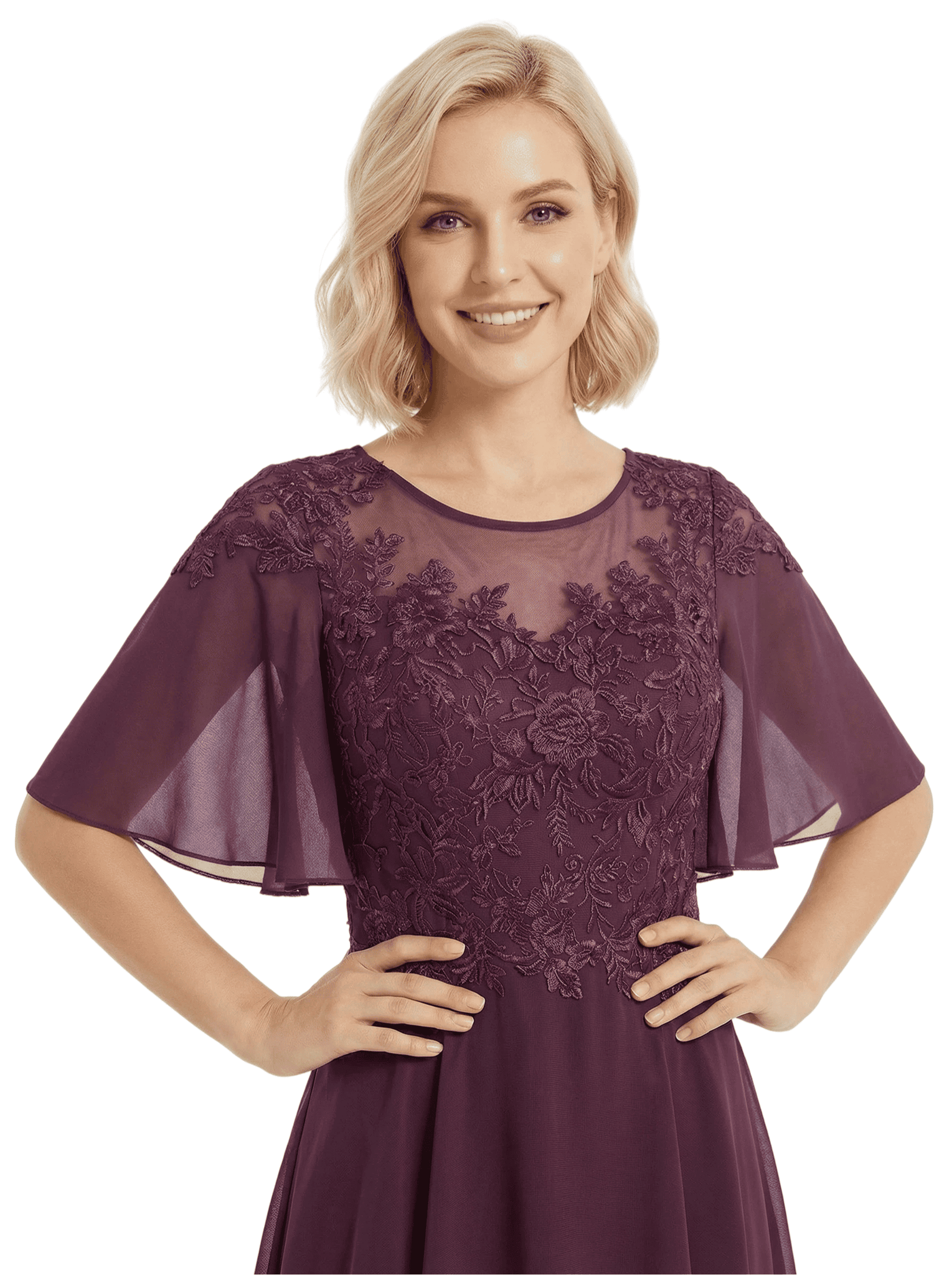 Chicsew Modern High-Low Lace Applique Flutter Sleeves Mother Of The Bride Dress