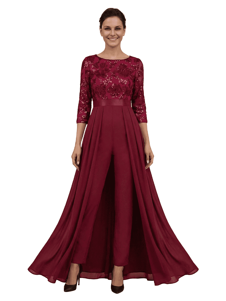 Chicsew Unique Lace Appliques 3/4 Sleeves Mother Of The Bride Jumpsuit With Train