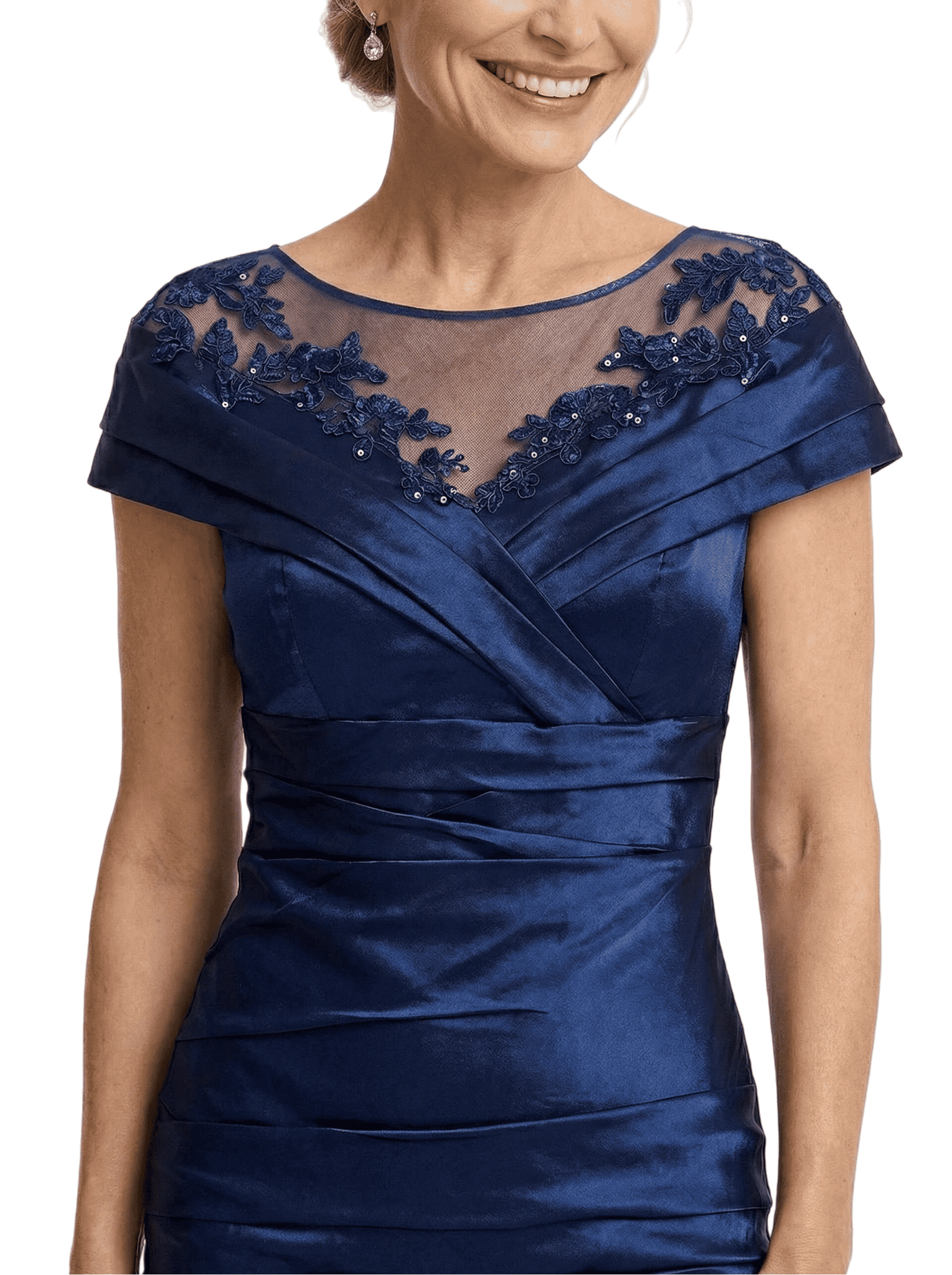 Beautiful Illusion Short Sleeve Mother Of The Bride Dress Lace Sheath Midi Formal Evening Gown