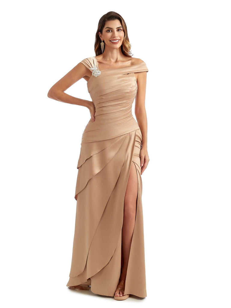 Sexy Asymmetric Side Split Long Satin Modern Formal Bridesmaid Dresses With Ruffle