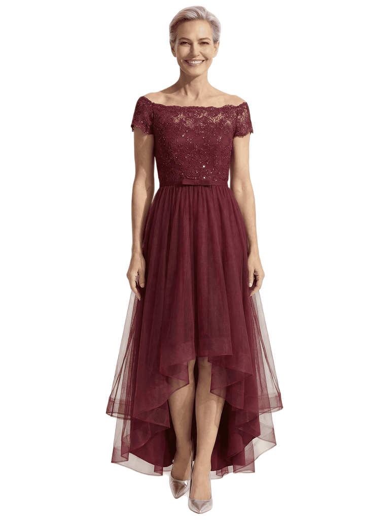 Beautiful Off Shoulder Lace Mother of The Bride Dress High-Low Tulle Gown for Wedding