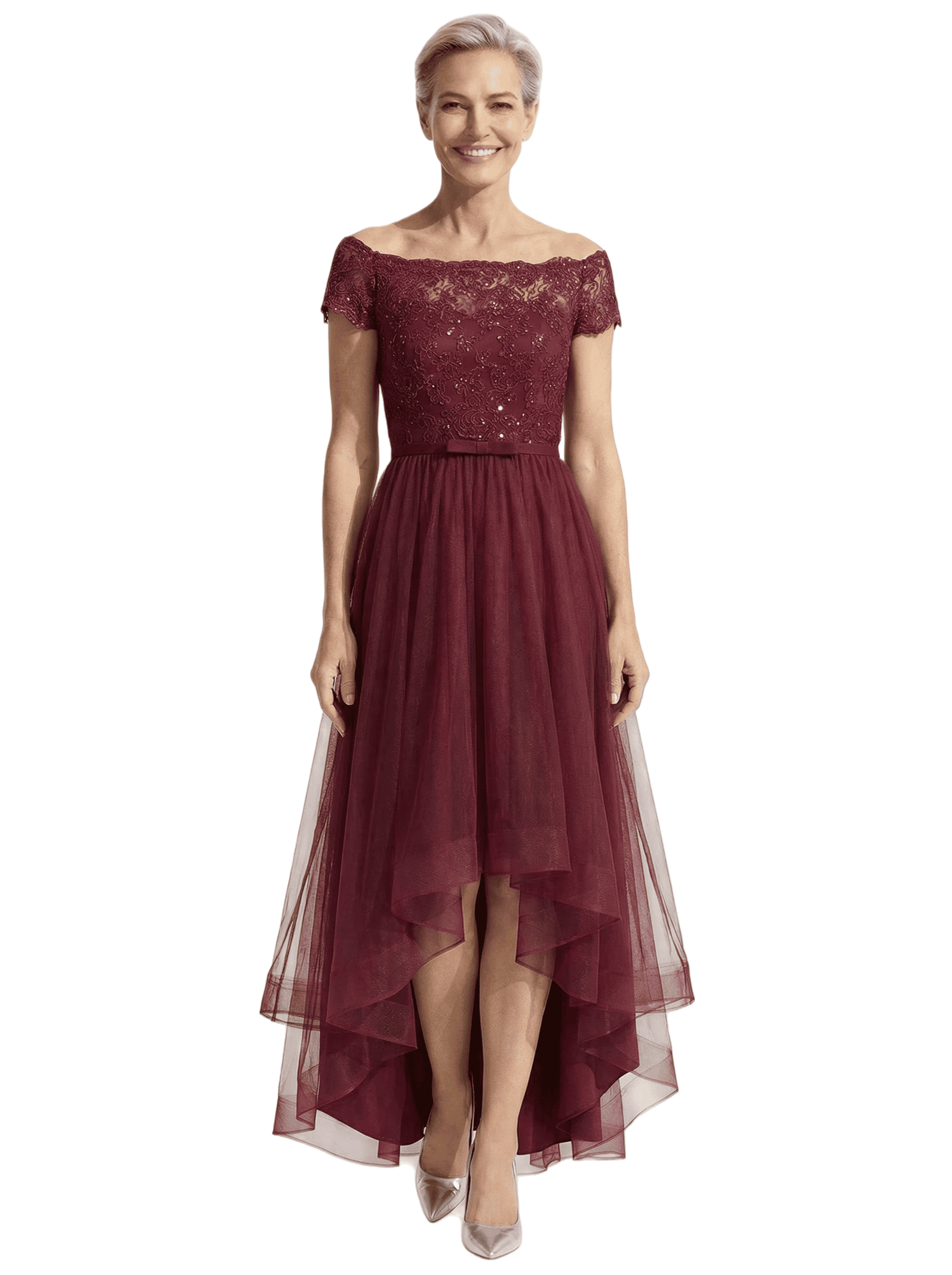 Beautiful Off Shoulder Lace Mother of The Bride Dress High-Low Tulle Gown for Wedding