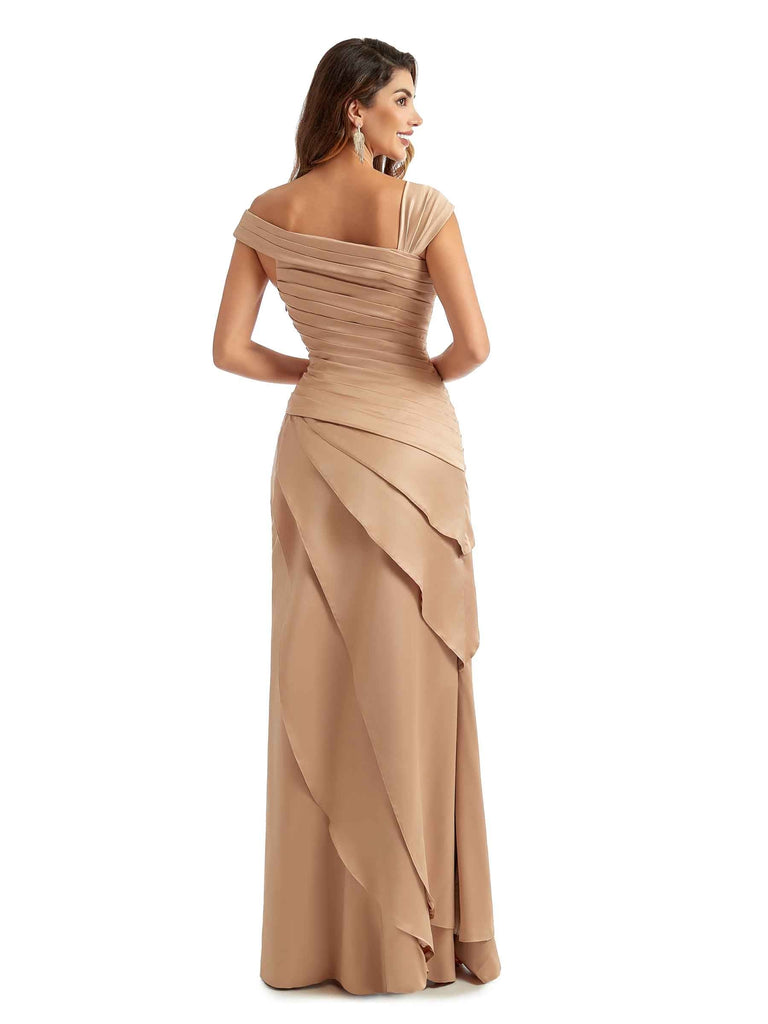 Sexy Asymmetric Side Split Long Satin Modern Formal Bridesmaid Dresses With Ruffle