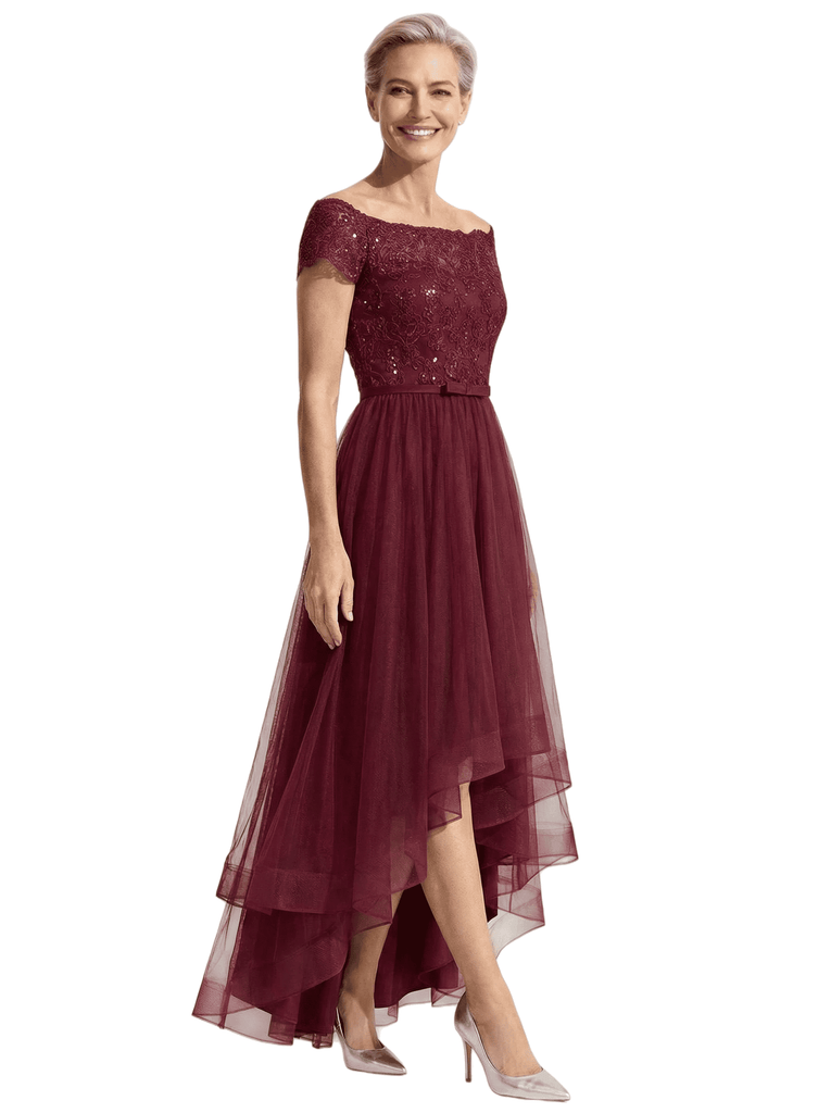 Beautiful Off Shoulder Lace Mother of The Bride Dress High-Low Tulle Gown for Wedding