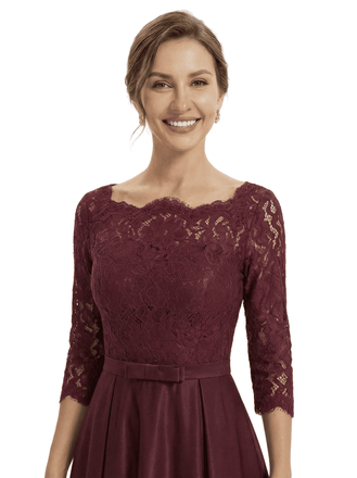 Sophisticated Jewel Lace Top Half Sleeves Satin A-Line Mother Of The Groom Dress