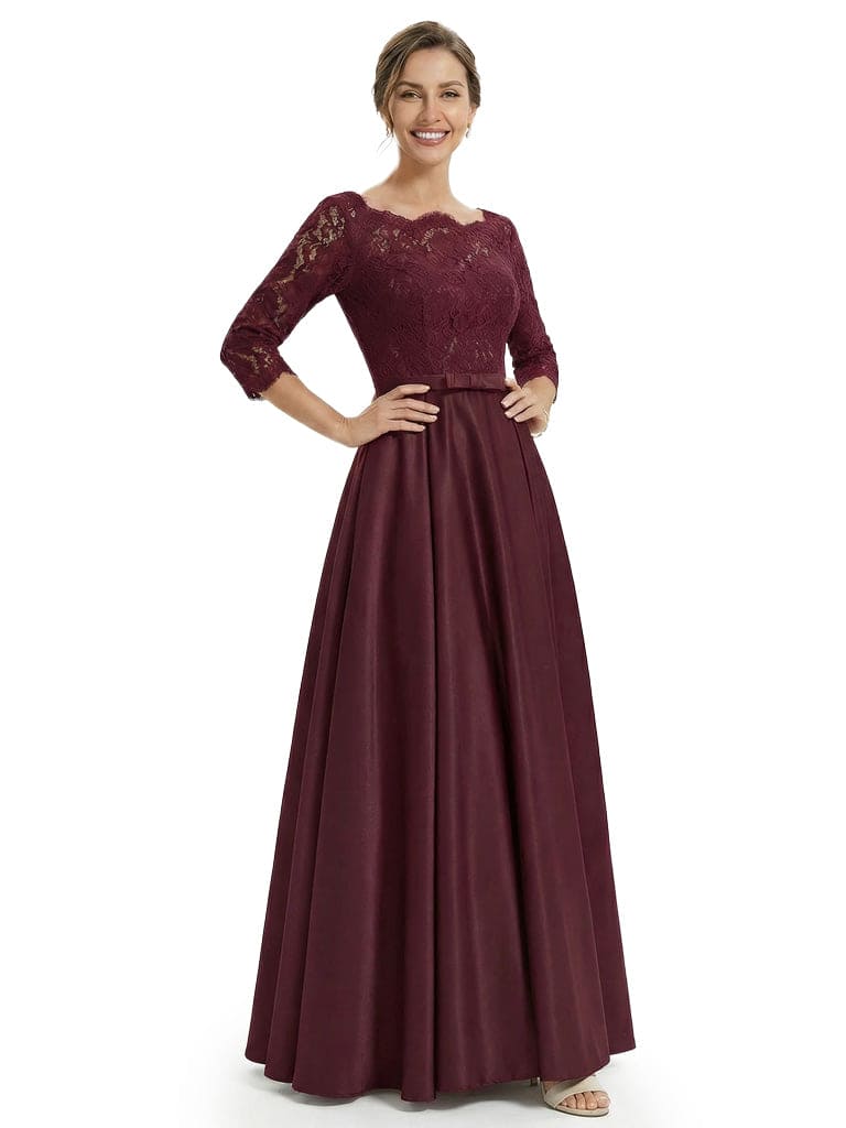Sophisticated Jewel Lace Top Half Sleeves Satin A-Line Mother Of The Groom Dress
