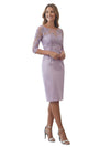 Chic Knee-Length Sheath Illusion Lace Half Sleeves Mother Of The Bride Gown With Button