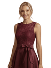 Modern High-Low Satin Mother Of The Bride Sleeveless Lace Jewel A-Line Dress With Bow Knot