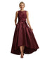 Modern High-Low Satin Mother Of The Bride Sleeveless Lace Jewel A-Line Dress With Bow Knot