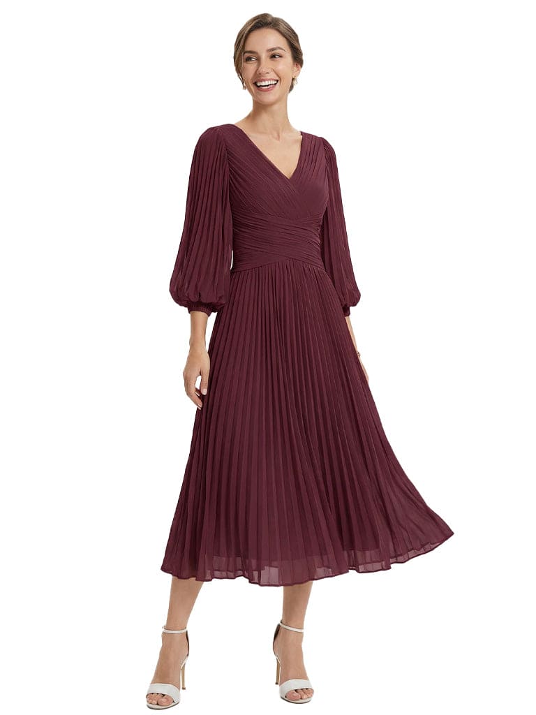 Trendy Pleated Chiffon Midi Long Sleeves V-Neck Mother Of The Bride Dresses