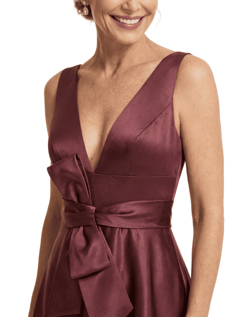 Elegant V-Neck A-Line Silky Satin Sleeveless Mother Of The Bride Gown With Bow Knot