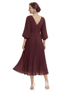 Trendy Pleated Chiffon Midi Long Sleeves V-Neck Mother Of The Bride Dresses