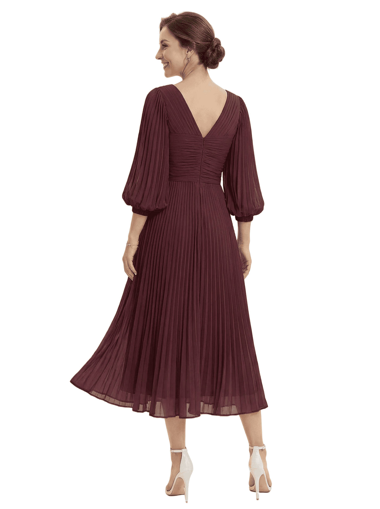 Trendy Pleated Chiffon Midi Long Sleeves V-Neck Mother Of The Bride Dresses